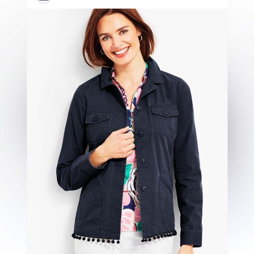 Talbots Size Small Navy Jacket with pompom accent.